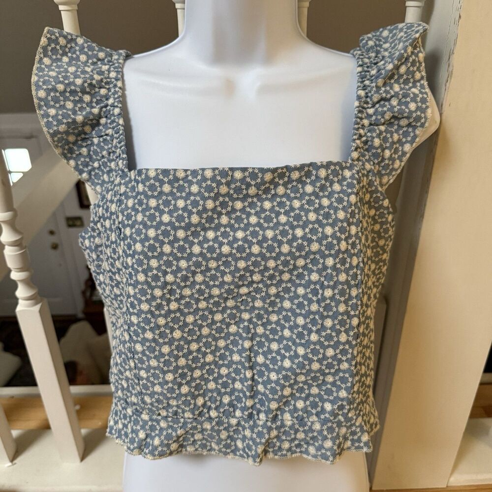 Kirious Los Angeles Embroidered Flutter Ruffle Bow Tie Back Crop Top Blue L NWOT